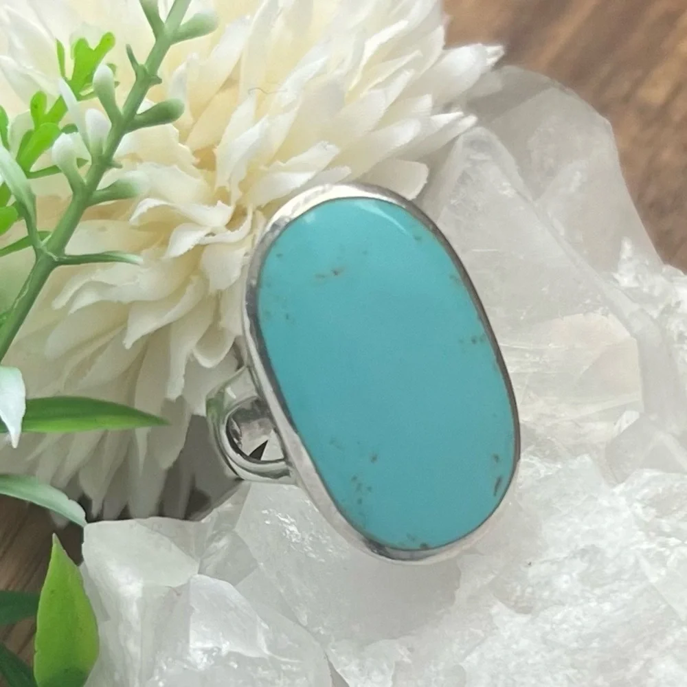 VINTAGE Turquoise Ring Size 7 Solid Sterling Silver 925 Chunky Ring - Picture 6 of 11